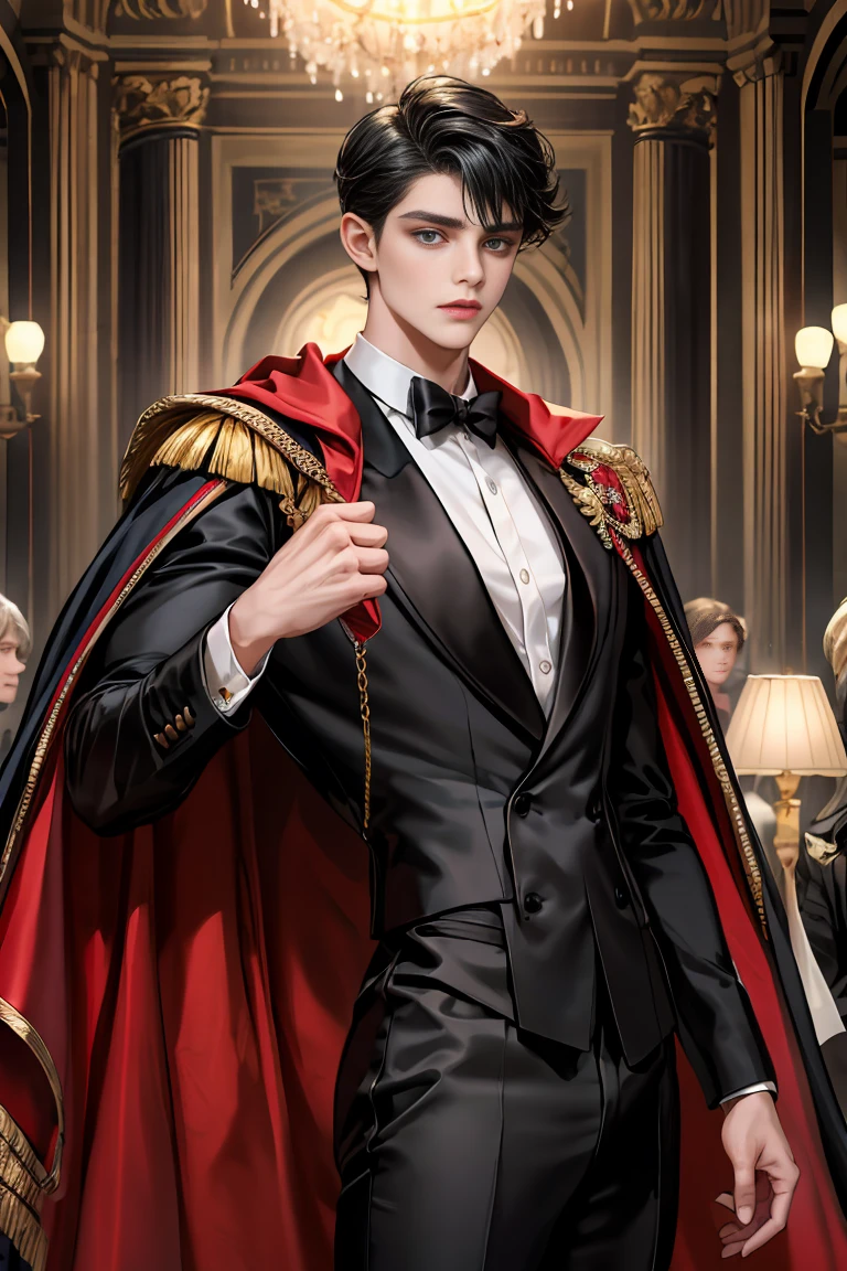 masterpiece, 最high quality, high quality, 1 boy, alone, Male focus, Watching the audience, Messy black hair, Adorable big blue eyes, White people, Noble, Noble,Sexy voluminous black and red cape、Tuxedo、A very voluminous, large, very large, very large, long, long red and black cape with a high stand-up collar, reaching down to the floor, made of a lot of fabric., ,Cute beautiful boys,Cute, cute, kind, handsome guy