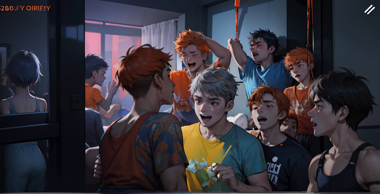 A group of 16-year-olds with gray and blue and orange t-shirts with orange hair jumping and swinging at a party. They have orange hair and others with gray hair. They are in a luxurious living room of young people at a party.