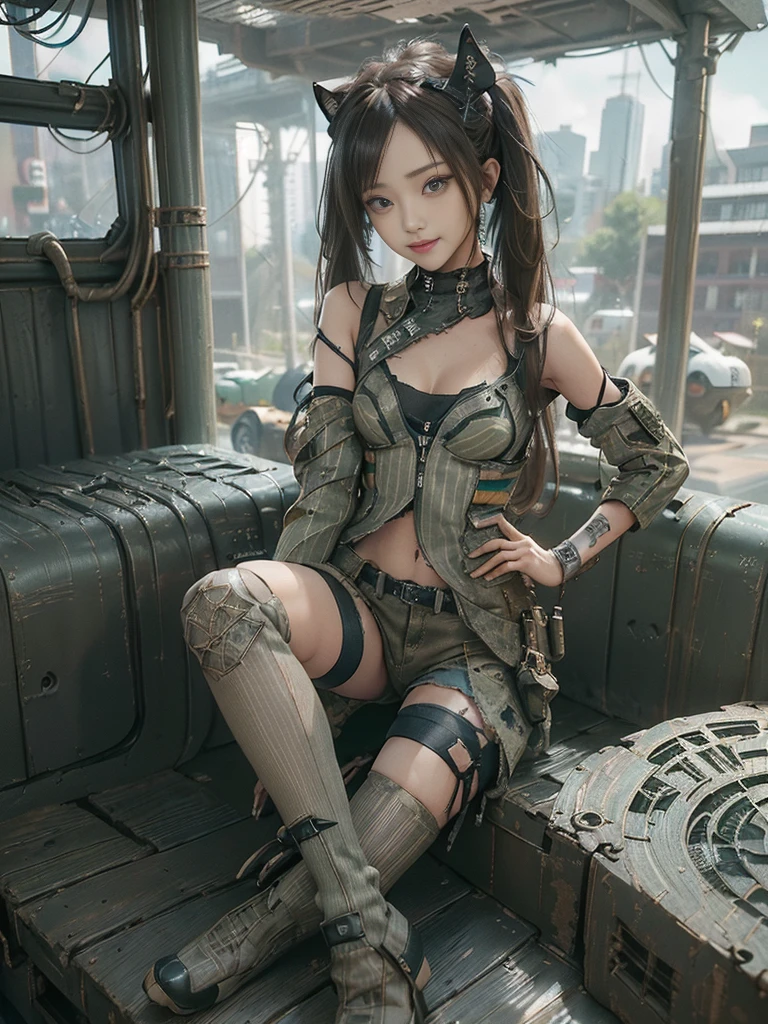 (Full Body View:1.ide view:1.1)、(Please smile with your teeth showing:1.3),(Shibuya Gal:1.5)、(Army Special Forces:1.3)、(Gothic Lolite fashion:1.5)、(Tattered khaki and gray futuristic micro high leg bodysuit:1.5)、(Tattered Khaki and Moss Green Micro Fancy Sleeves:1.5)、(Tattered khaki micro shorts:1.5)、(Brown and khaki knee socks:1.3)、(camouflage:1.3)、(Military jacket:1.4)、Brown boots、Khaki gloves、internal、(The underwear is striped:1.4)、23 years old、(do a gravure pose:1.3)、((Highest quality、8K、masterpiece:1.3))、One girl、The beauty of slim abs:1.3、(Hairstyle Casual、Big Tits:1.:1.1、Super small face、row eyes、double eyelid、Laughter、Esbian all over、Dynamic Angle、Close-up、CPL Filter、Blurred Background、Bokeh、Blue Hour、Detailed face and skin texture、Detailed Eyes,(Twin tails:1.3)、(Brown Hair:1.4)、Gravure idol pose、(The background shows a futuristic hovercraft bike flying through the air.:1.3)、(The body is slim:1.2),(Slim legs:1.4),(clavicle:1.1)