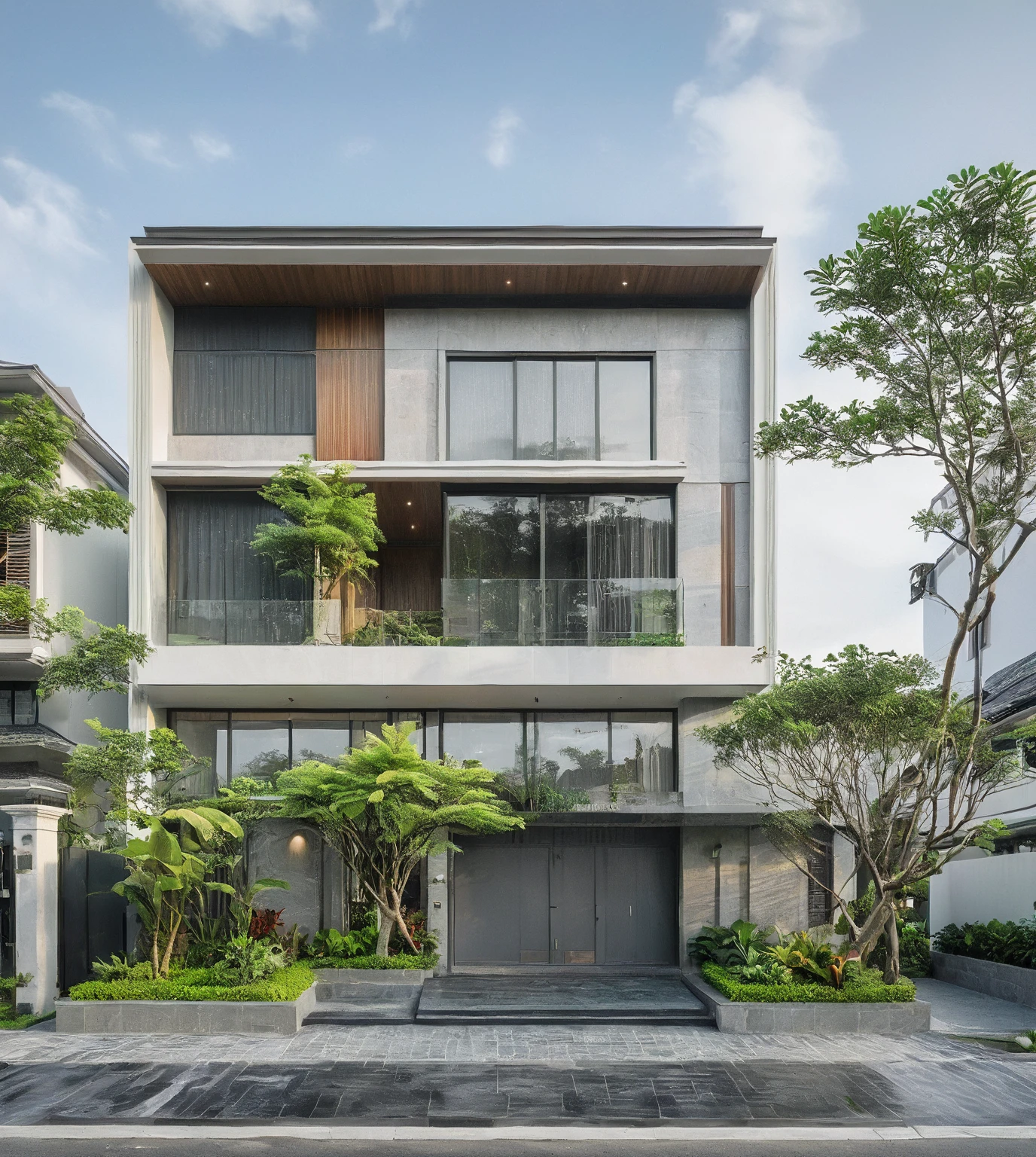 modern townhouse on street, (daylight), tropical tree, vivid color, streetcapes, nice sky, grey tone, large glass door, warm interior lighting, modern material, best quality, ultra realistic, masterpiece, 
