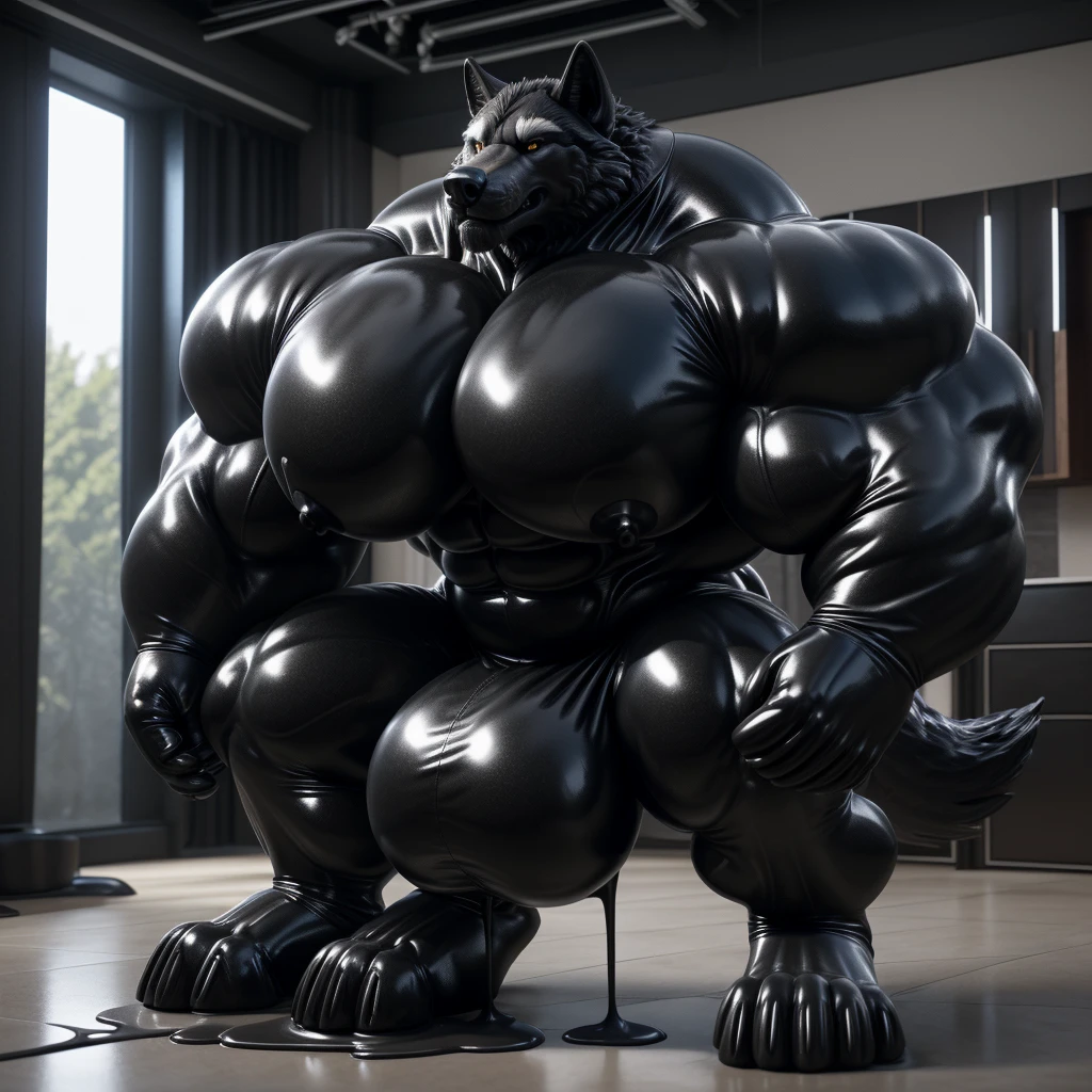 solo, male, , , , (hyper pecs:1.4), (long thick thighs:1.8), standing, indoor,,(,,(,solo,very hyper muscles:1.4)((,Huge bulge:1.2)))), ,(((liquid_latex, , rubber:1.2),,black latex,goo transformation,(gooey)()(l),unreal engine,perfect light,detailed, photorealistic, 4k, hd, , , , good anatomy, , (), ,, high quality, best quality, concept art, photorealistic, octane rende,,wolf
