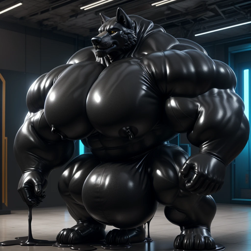 solo, male, , , , (hyper pecs:1.4), (long thick thighs:1.8), standing, indoor,,(,,(,solo,very hyper muscles:1.4)((,Huge bulge:1.2)))), ,(((liquid_latex, , rubber:1.2),,black latex,goo transformation,(gooey)()(l),unreal engine,perfect light,detailed, photorealistic, 4k, hd, , , , good anatomy, , (), ,, high quality, best quality, concept art, photorealistic, octane rende,,wolf