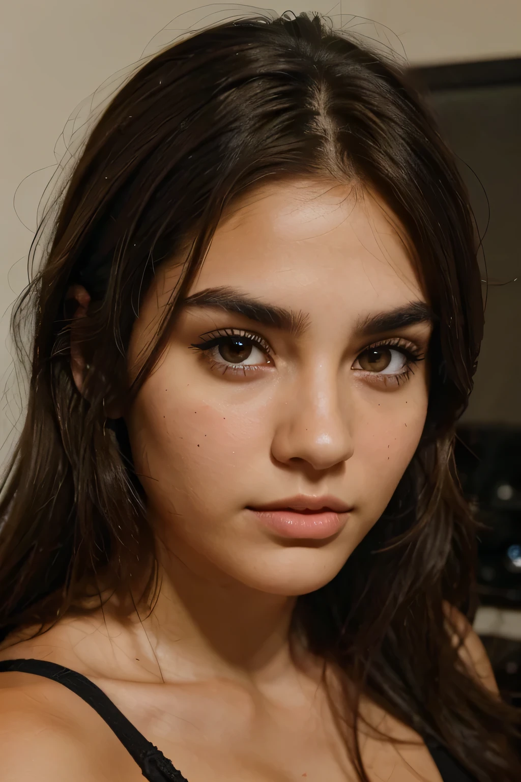 brunette with thick eyebrows and brown eyes with ultra-textured skin looks at the camera
front view