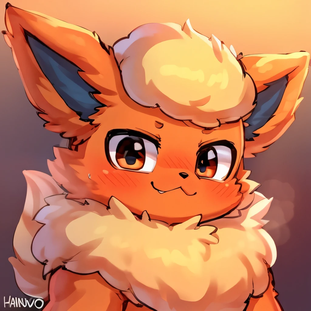 Flareon, masculine, sfw, made by hanuvo, profile pic, fluffly, view below the viewer, heroic pose, wearing a brown Ushanka 