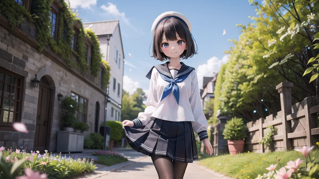 (masterpiece),  town,  blue sky,  One Girl,  smile,  alone,  Sailor suit、Long skirt,  Overgrown,  petal,  plant、Skirt lining、Translucent slip、nostalgic、Black Pantyhose