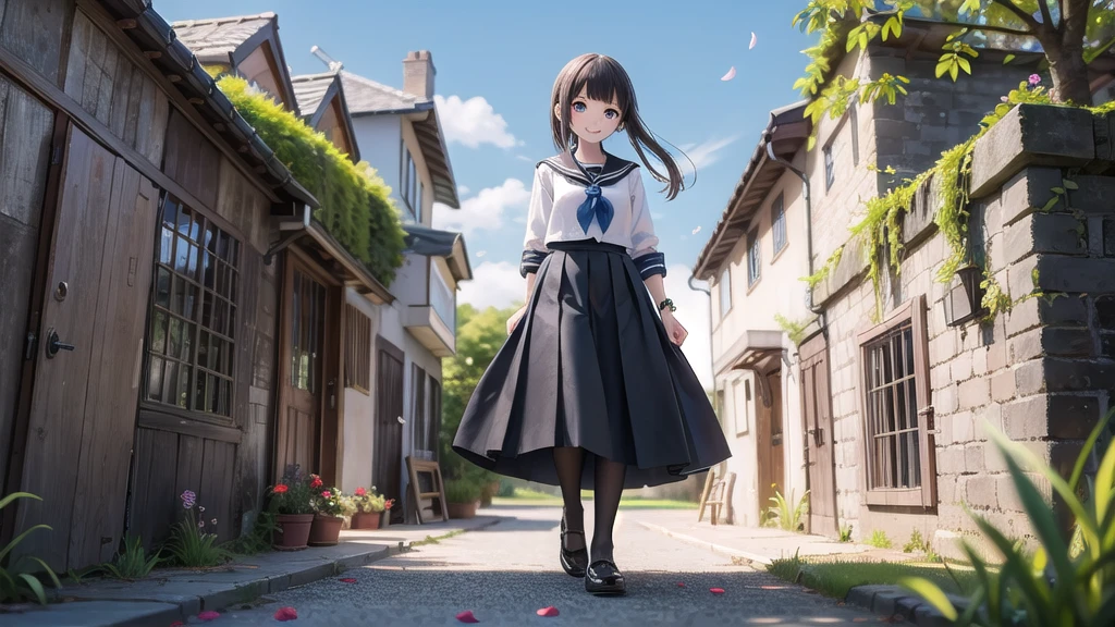 (masterpiece), town, blue sky, One Girl, smile, alone, Sailor suit、Long skirt, Overgrown, petal, plant、Skirt lining、Translucent slip、nostalgic、Black Pantyhose