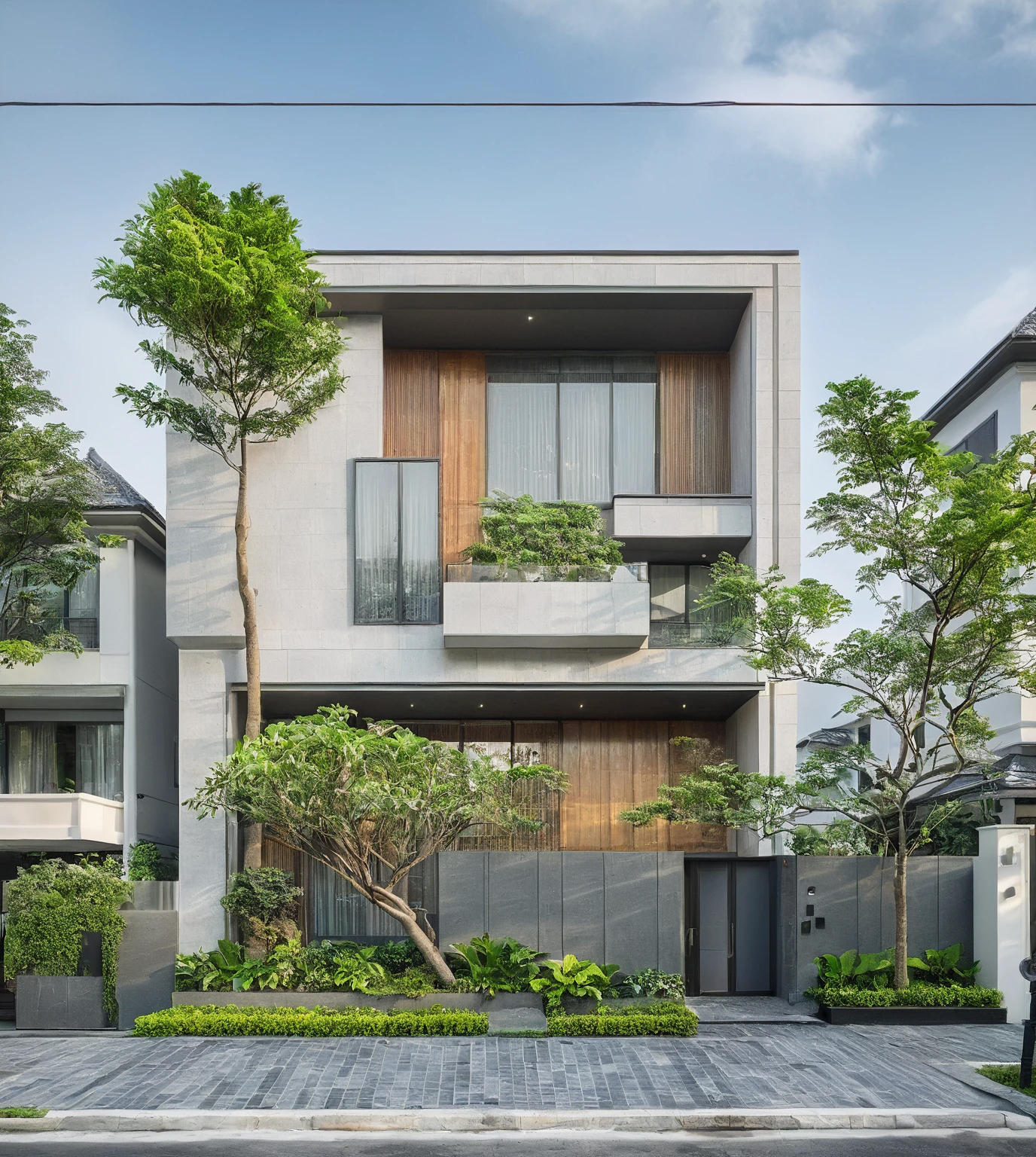 modern townhouse on street, (daylight), tropical tree, vivid color, streetcapes, nice sky, grey tone, large glass door, warm interior lighting, modern material, best quality, ultra realistic, masterpiece, 17ArchiAI_XL_VL-v1
