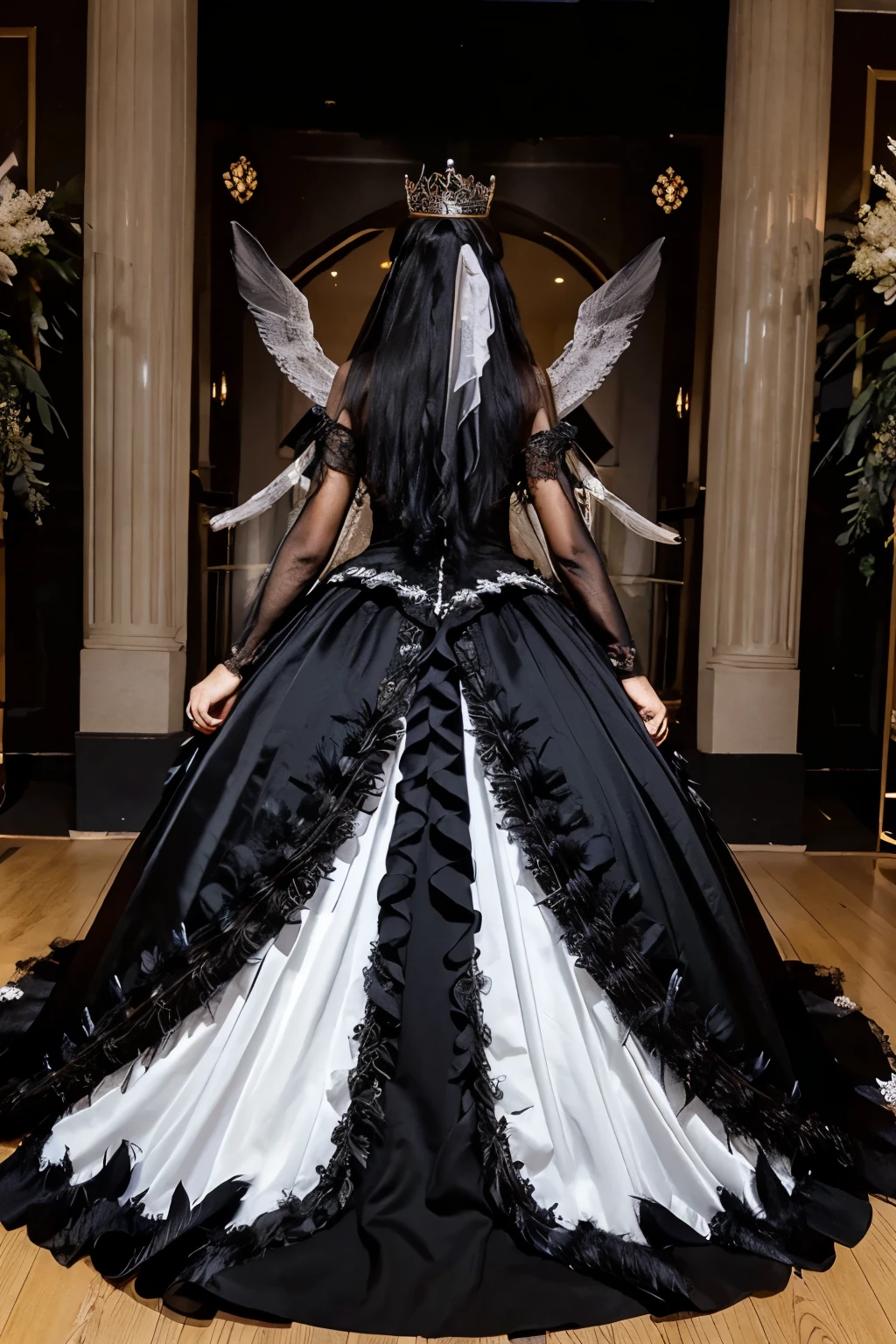 Black princess style wedding dress, decorated with flowers and feathers, black veil with and crown, long tail that looks like a giant wing full of feathers 