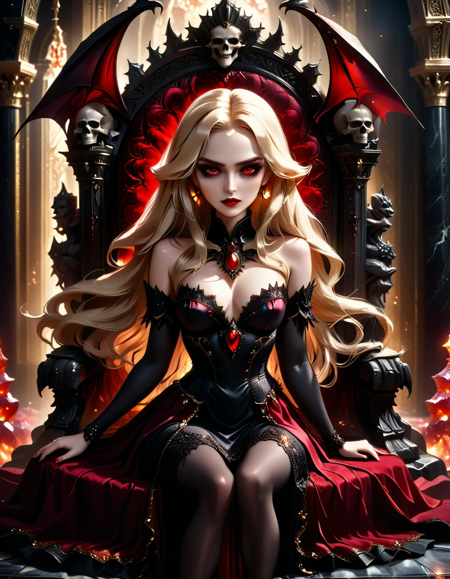 a picture of a vampire queen sitting on her dark throne, a (vampire queen: 1.1) wearing dark red dress, royal dress, blond  hair, long hair, flowing hair, bold intense eyes, extremely exquisite beautiful queen, perfect body, (anatomically corect: 1.3), ultra feminine, ultra detailed face, red lips, red glowing eyes, she sits on a dark frightful, a throne of fear, and might, throne carved from black marble , legendary symmetric design, with (many carvings in the marble: 1.3), skulls on the handles, decorated with rubies, and opal gems, dark fantasy hall room background, (masterpiece: 1.4) intense details, highly detailed, photorealistic, best quality, highres,16k, [ultra detailed], masterpiece, best quality, (extremely detailed), close up, ultra wide shot, photorealistic, RAW, fantasy art, dnd art, fantasy art, realistic art,((best quality)), ((masterpiece)), (detailed: 1.5), ladyshadow, RagingNebula