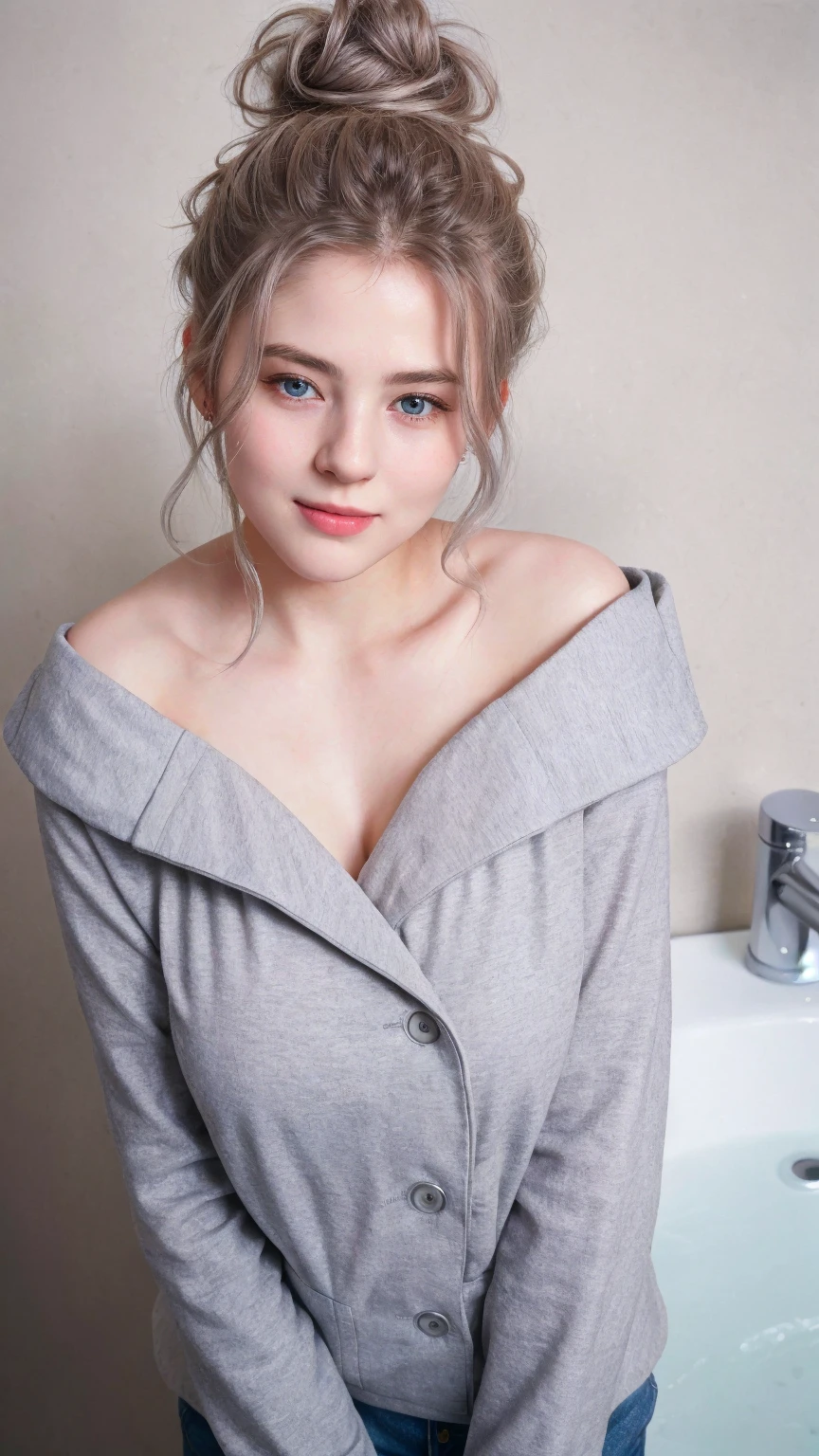 1 Girl, Beautiful, Baby Face, 20 Years Old, White Skin, , naked , Skinny, ,  , standing in The Bathroom,attractive , seductive, , , medium breasts, Grey Hair, back messy bun hairstyle, raised up arms, ((adorable:1.1)), ((masterpiece:1.1)), Sleepy Cute Face, grey hair,silver messy hairstyle, blue eyes, attractive, seductive, dynamic angle, soft laughter, (Shoulder off outer Jacket),  (8k, RAW photo, best quality, masterpiece: 1.2), (realistic, realistic: 1.37),  ,(((masterpiece))),(best quality),solo, extremely detailed, detailed face,(full body:1.2), the portrait is centered,(close-up:1.4),upper body,(from above:1.4),(wide-angle lens:1.2), looking at viewer,