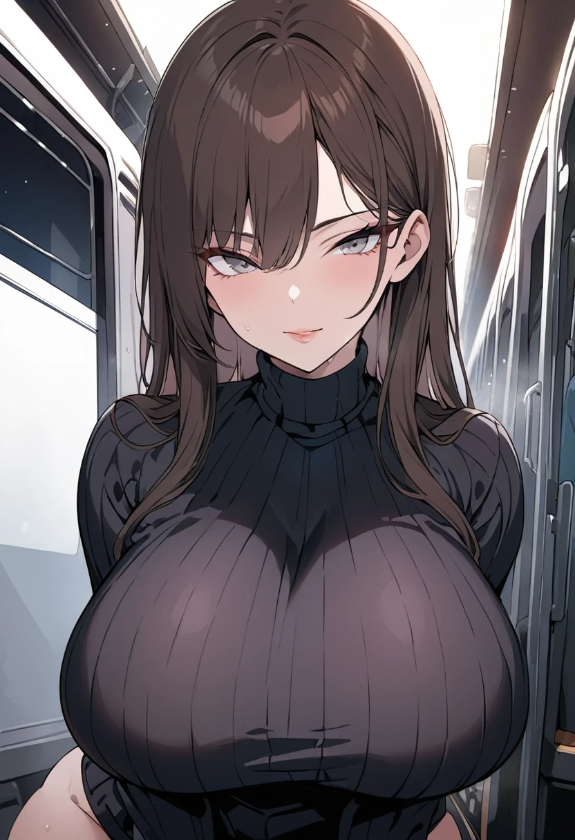 Adult female, busty, voluptuous figure, milf, seductive, train, staring, sultry grin, far away, turtleneck sweater, highly detailed, well-defined eyes, long brown hair, beauty spot on bottom lip, high quality, 8k quality, perfect grey eyes