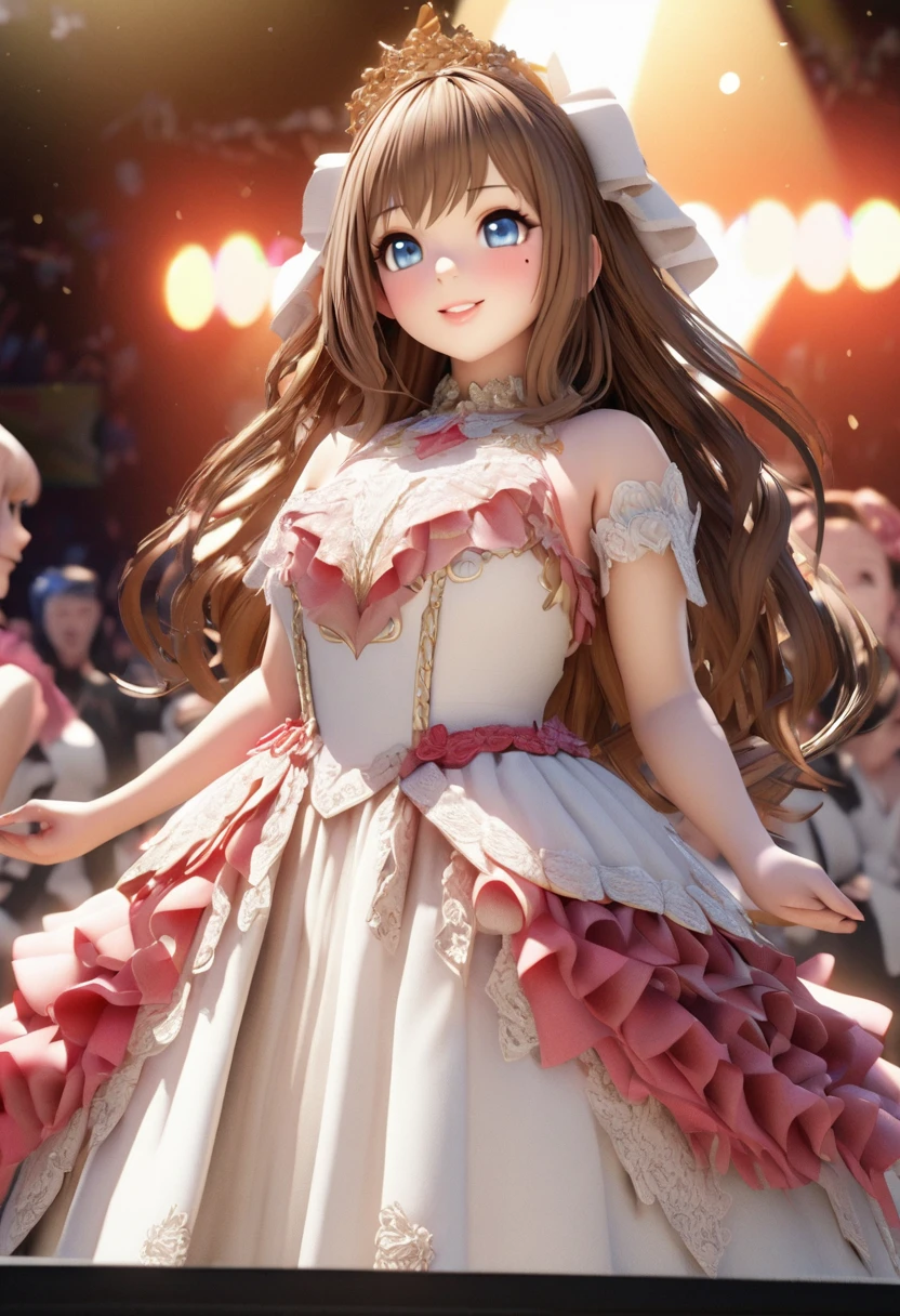 One Girl、Looking at the audience、
Beautiful Blue Eyes、Brown long hair、Mole under the eye、Plump and glossy lips、Heart-shaped choca、Idol、smile、ー、。.。.。.。.。.。.。.。.。.。.。.。.。.。.。.。.。.。.3d、Realistic、
Princess dress with too many frills、Drape clothes、gem、The decoration has been removed、Floral、Lace trim、Bright Stage、
masterpiece、Highest quality、8K、Detailed skin texture、Detailed cloth texture、Beautifully detailed face、Intricate details、Very detailed、
Ultra-high resolution、8K Ultra HD、Film Grain、Best Shadow、delicate、Gazing at the audience、front