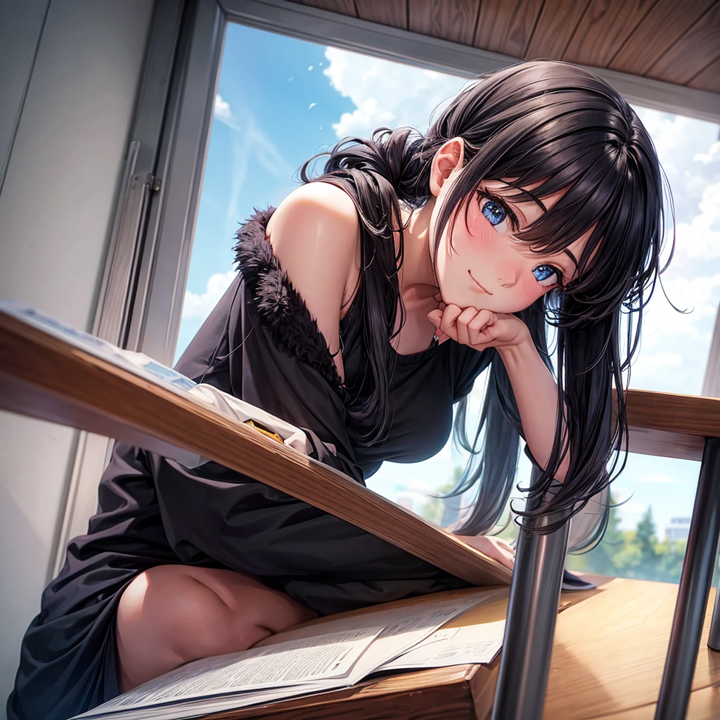 17 year old girl . sitting at a two-person desk. Looking forward. pov perfil. hand on the chin. long black fur. blushing.  . in a class room. 