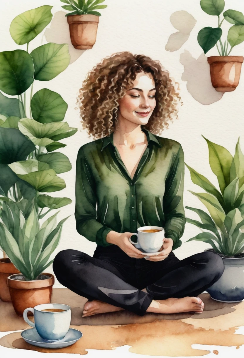 A welcoming watercolor illustration of a curly-haired woman sitting on the floor in the lotus position, surrounded by potted plants. She holds a mug of tea or coffee with a satisfied expression, wearing a dark green blouse and black pants. The light background highlights the tranquility of the scene. Vintage style.