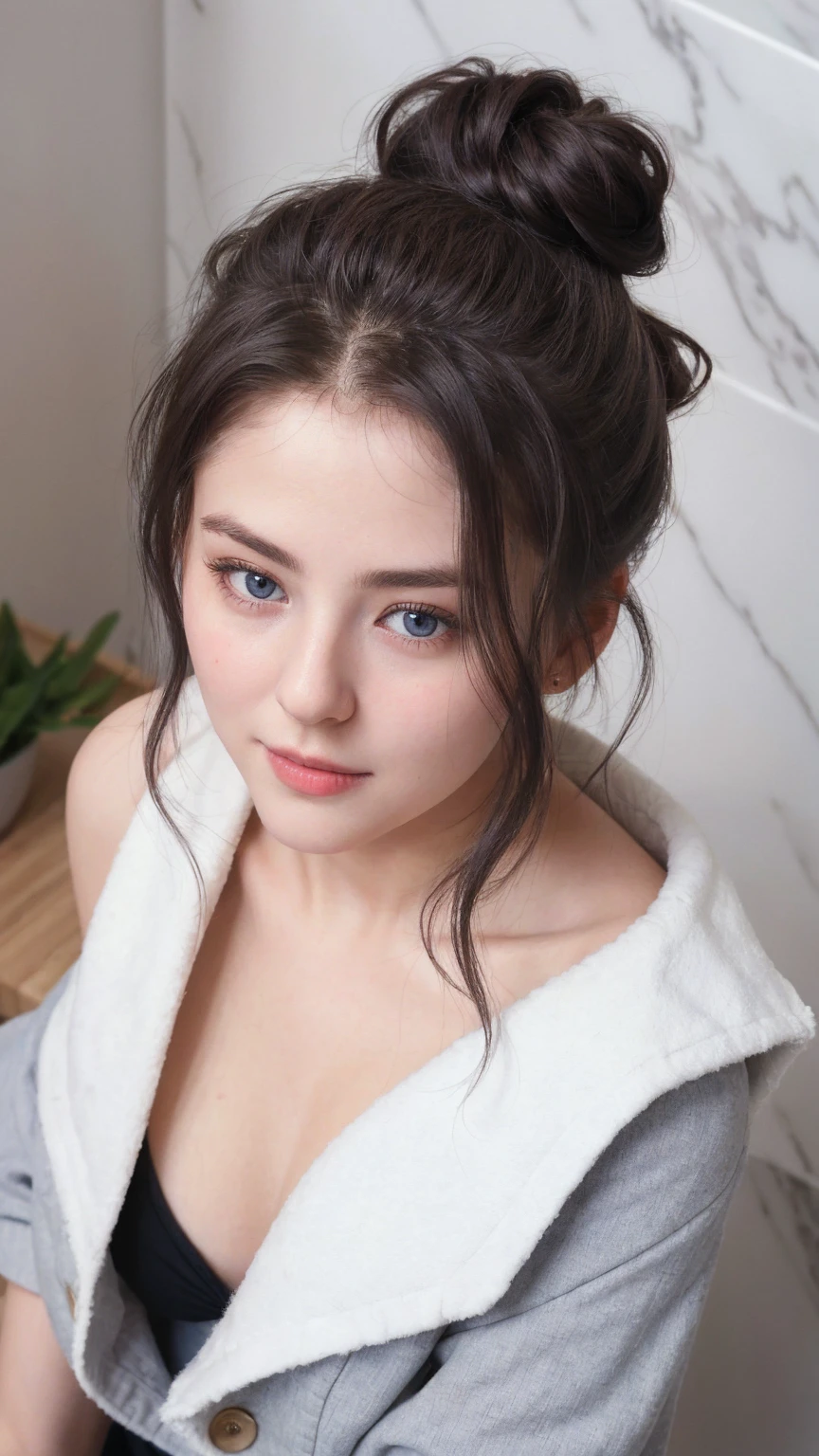 1 Girl, Beautiful, Baby Face, 20 Years Old, White Skin, , naked , Skinny, , , standing in The Bathroom,attractive , seductive, , , medium breasts, black Hair, messy bun hairstyle, raised up arms, ((adorable:1.1)), ((masterpiece:1.1)), Sleepy Cute Face, grey hair,silver messy hairstyle, blue eyes, attractive, seductive, dynamic angle, soft laughter, (Shoulder off outer Jacket), (8k, RAW photo, best quality, masterpiece: 1.2), (realistic, realistic: 1.37), ,(((masterpiece))),(best quality),solo, extremely detailed, detailed face,(full body:1.2), the portrait is centered,(close-up:1.4),upper body,(from above:1.4),(wide-angle lens:1.2), looking at viewer,