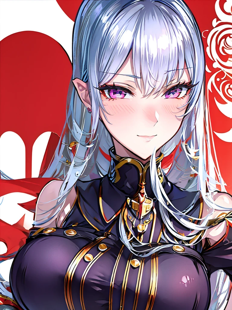 1 woman Sitting, crossed legs, smile, looking at the viewer, blushing, detailed face, (masterpiece),detailed eyes, highly detailed eyes ,  silver hair, red eyes,
masterpeace, best quality, (extremely detailed CG:1.3), highly detailed faces