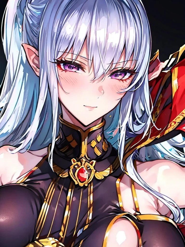 1 woman Sitting, crossed legs, smile, looking at the viewer, blushing, detailed face, (masterpiece),detailed eyes, highly detailed eyes ,  silver hair, red eyes,
masterpeace, best quality, (extremely detailed CG:1.3), highly detailed faces