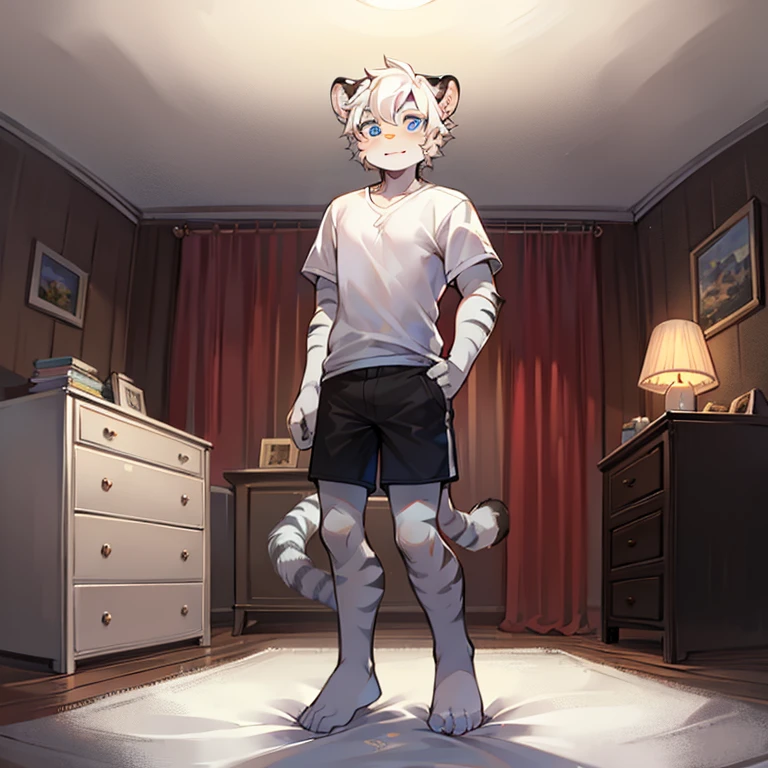 teenager, Short white hair, ear, Lower Body, bedroom,Standing,hairy, White hair everywhere, White hair everywhere, White Tiger, Tiger Tail, masterpiece, High quality portrait, Humanoid, youth style, posture, panoramic, White Tiger型, White short sleeve, Black shorts, super Handsome face, Handsome, Tiger Youth, blue eyes, White Tiger, white ear, barefoot