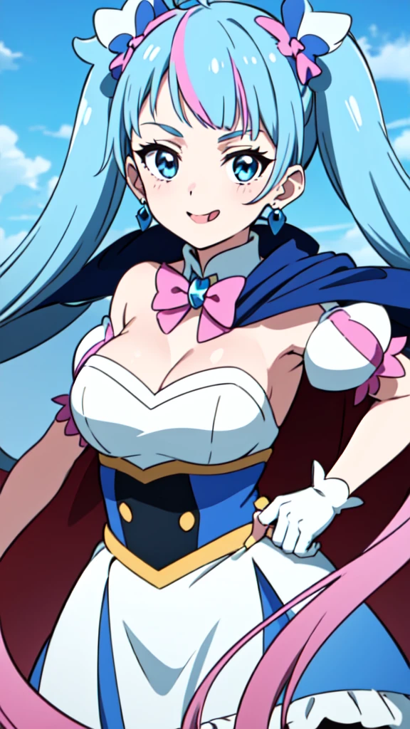 CURE SKY, DRESS, TWINTAILS, GRADIENT HAIR, AHOGE, BLUNT BANGS, HEAD WINGS, FINGERLESS GLOVES, WHITE SHIRT, PUFFY DETACHED SLEEVES, cape, THIGHHIGHS, BLUE LEGWEAR, gem, SINGLE EARRING, 1girl, 独奏, upper body, facing viewer, (looking at viewer:1.5), in the center, smile,
Open your mouth wide、a large amount of  on the face,、Tongue sticks out of mouth、Big Breasts、Cleavage