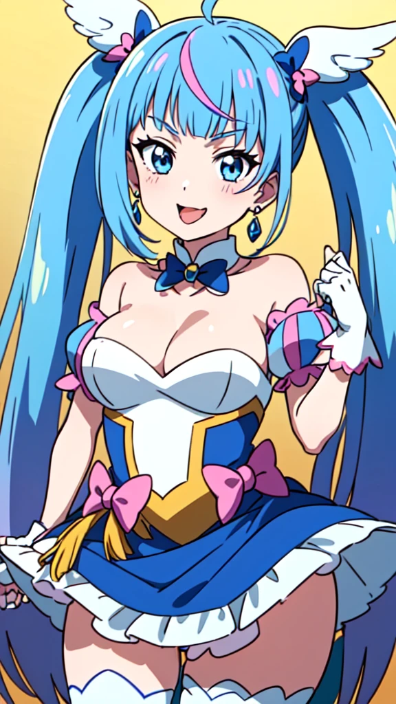 CURE SKY, DRESS, TWINTAILS, GRADIENT HAIR, AHOGE, BLUNT BANGS, HEAD WINGS, FINGERLESS GLOVES, WHITE SHIRT, PUFFY DETACHED SLEEVES, cape, THIGHHIGHS, BLUE LEGWEAR, gem, SINGLE EARRING, 1girl, 独奏, upper body, facing viewer, (looking at viewer:1.5), in the center, smile,
Open your mouth wide、a large amount of on the face,、Tongue sticks out of mouth、Big Breasts、Cleavage