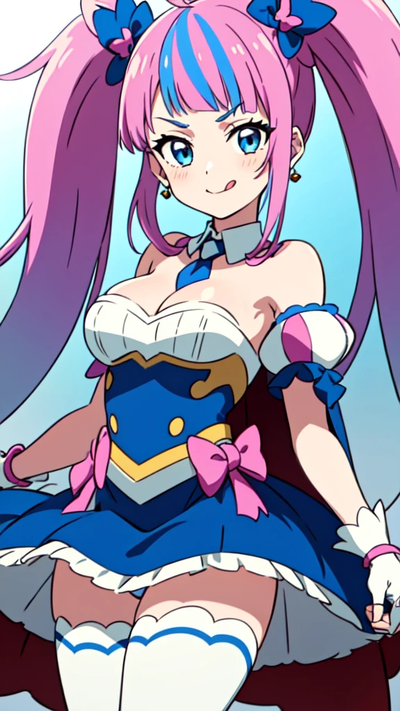 CURE SKY, DRESS, TWINTAILS, GRADIENT HAIR, AHOGE, BLUNT BANGS, HEAD WINGS, FINGERLESS GLOVES, WHITE SHIRT, PUFFY DETACHED SLEEVES, cape, THIGHHIGHS, BLUE LEGWEAR, gem, SINGLE EARRING, 1girl, 独奏, upper body, facing viewer, (looking at viewer:1.5), in the center, smile,
Open your mouth wide、a large amount of  on the face,、Tongue sticks out of mouth、Big Breasts、Cleavage