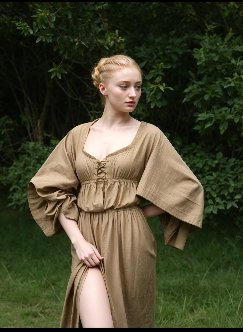 Sophie turner, blonde uptied ponytail, she wears a medieval peasant dress, high quality, solo, nsfw, no makeup