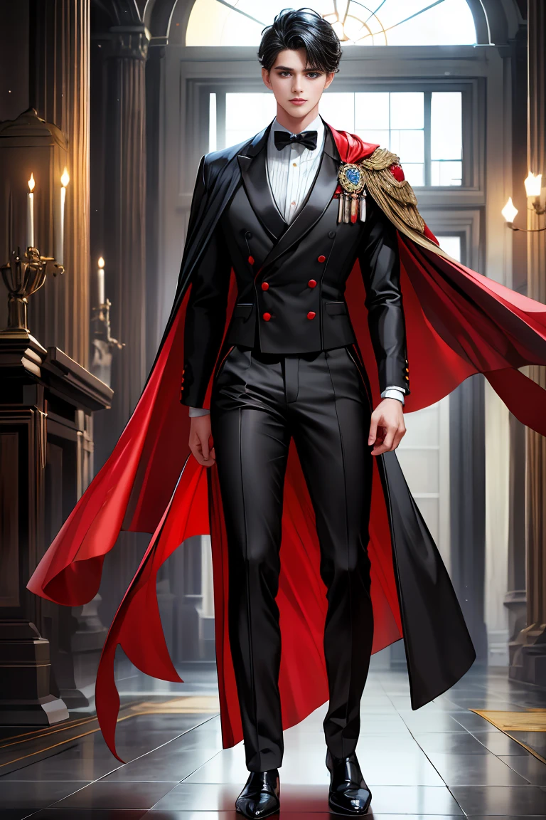 masterpiece, 最high quality, high quality, 1 boy, alone, Male focus, Watching the audience, Messy black hair, Adorable big blue eyes, White people, Noble, Noble,Sexy voluminous black and red cape、Tuxedo、A very voluminous, large, very large, very large, long, long red and black cape with a high stand-up collar, reaching down to the floor, made of a lot of fabric., 17 years old,Cute beautiful boys,Cute, cute, kind, handsome guy