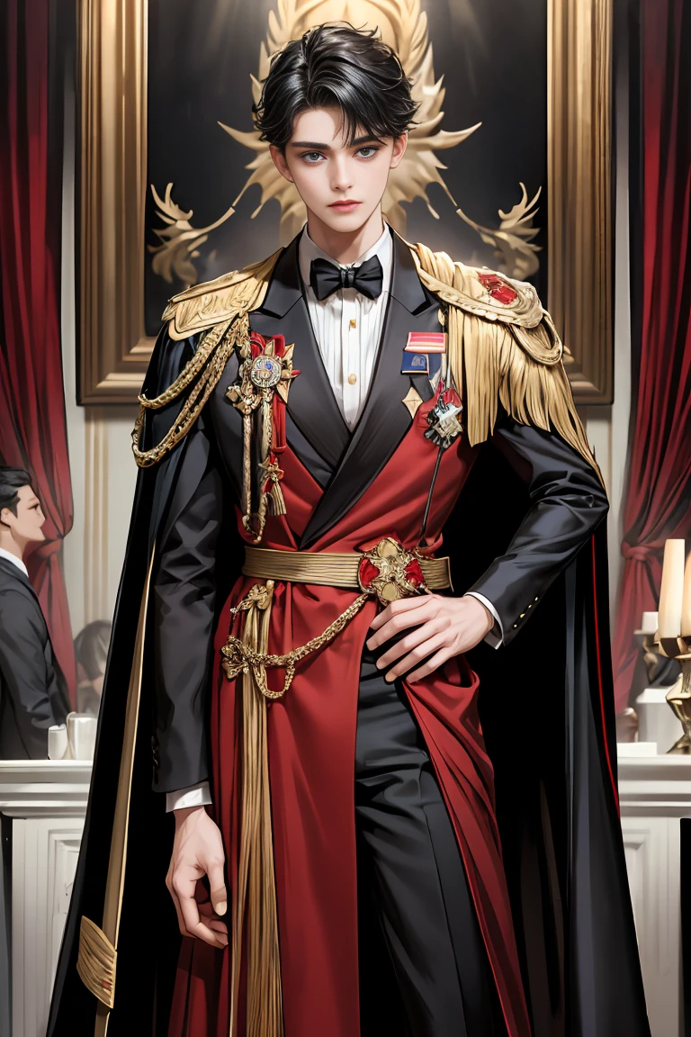 
masterpiece, 最high quality, high quality, 1 boy, alone, Male focus, Watching the audience,  Messy black hair, Adorable big blue eyes, White people, Noble, Noble,Sexy voluminous black and red cape、Tuxedo、A very voluminous, large, very large, very large, long, long red and black cape with a high stand-up collar, reaching down to the floor, made of a lot of fabric., 17 years old,Cute beautiful boys,Cute, cute, kind, handsome guy