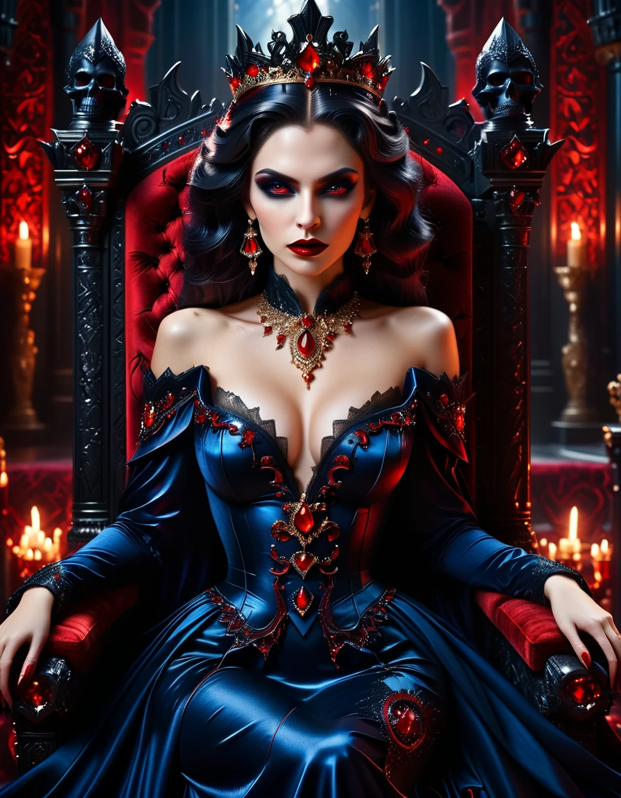 a picture of a vampire queen sitting on her dark throne, a (vampire queen: 1.1) wearing dark blue dress, royal dress, dynamic hair, bold intense eyes, extremely exquisite beautiful queen, perfect body, (anatomically corect: 1.3), ultra feminine, ultra detailed face, red lips, red glowing eyes, she sits on a dark frightful, a throne of fear, and might, throne carved from black marble , legendary symmetric design, with (many carvings in the marble: 1.3), skulls on the handles, decorated with rubies, and opal gems, dark fantasy hall room background, (masterpiece: 1.4) intense details, highly detailed, photorealistic, best quality, highres,16k, [ultra detailed], masterpiece, best quality, (extremely detailed), close up, ultra wide shot, photorealistic, RAW, fantasy art, dnd art, fantasy art, realistic art,((best quality)), ((masterpiece)), (detailed: 1.5), ladyshadow, RagingNebula