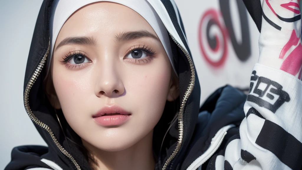 1girl, solo, pretty face, eyelashes, nose, glossy lips, (detailed eyes, looking at viewer, fair skin, white skin: 1.5), smooth skin, wearing hijab, 8k portrait of beauty in hijab, intricate, graceful, highly detailed, majestic, digital photography, hyper realistic, Masterpiece, Best Quality, All parts of the body except the face and hands are covered with clothing, Tudung, ((do not let the hair come out of the hijab)), full hijab, ((all parts of the body covered by clothes except the face)), Best Quality, (graffiti:1.5), paint splatter, jacket, On wall, paint can, looking at viewer, head slanted, clothing color (Wear a hooded military uniform), cyberpunk city
