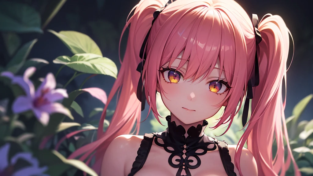 Highest quality, 8K, 4K, High resolution, High Contrast, The upper body is visible,1girl,only,Pink Hair,Twin tails,(Beautifully detailed face),Yellow, clear eyes,Upper Eye,She has big breasts,20generation,one piece,flower