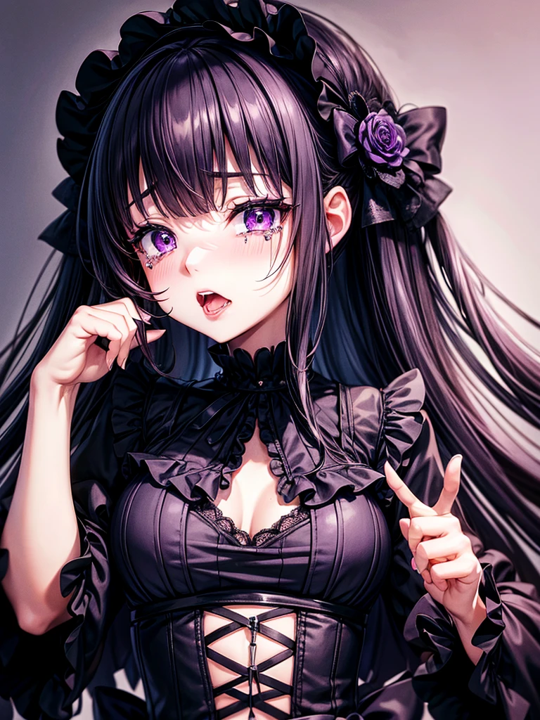 Highest quality,Highest Resolution,Sexy black gothic ta opens her mouth and drools while shedding tears,Bedroom,Big purple eyes,