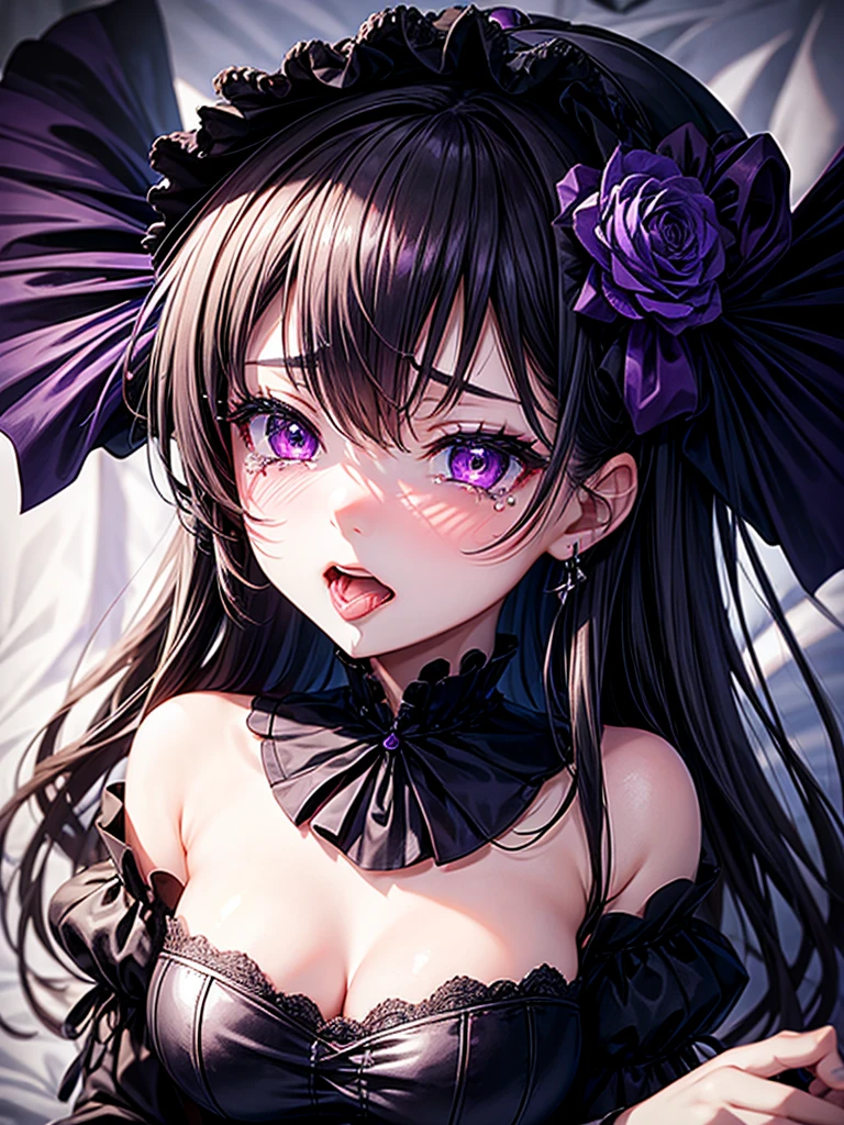 Highest quality,Highest Resolution,Sexy black gothic ta opens her mouth and drools while shedding tears,Bedroom,Big purple eyes,