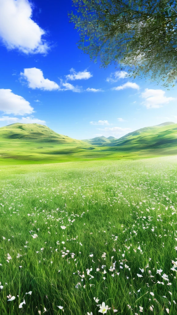 Realistic, authentic, beautiful and amazing landscape petal grassland with blue sky and white clouds --v6