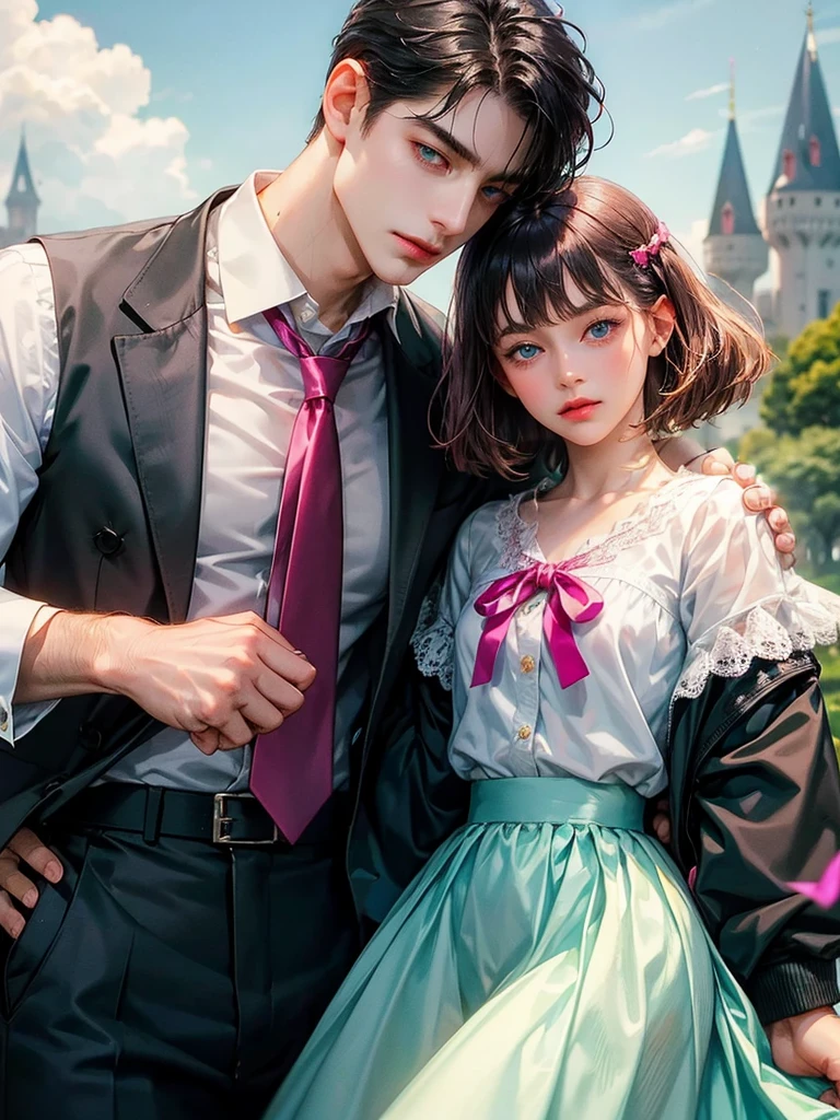 The girl wears a white shirt with a fuchsia ribbon, a short fuchsia skirt. The boy hugs her.