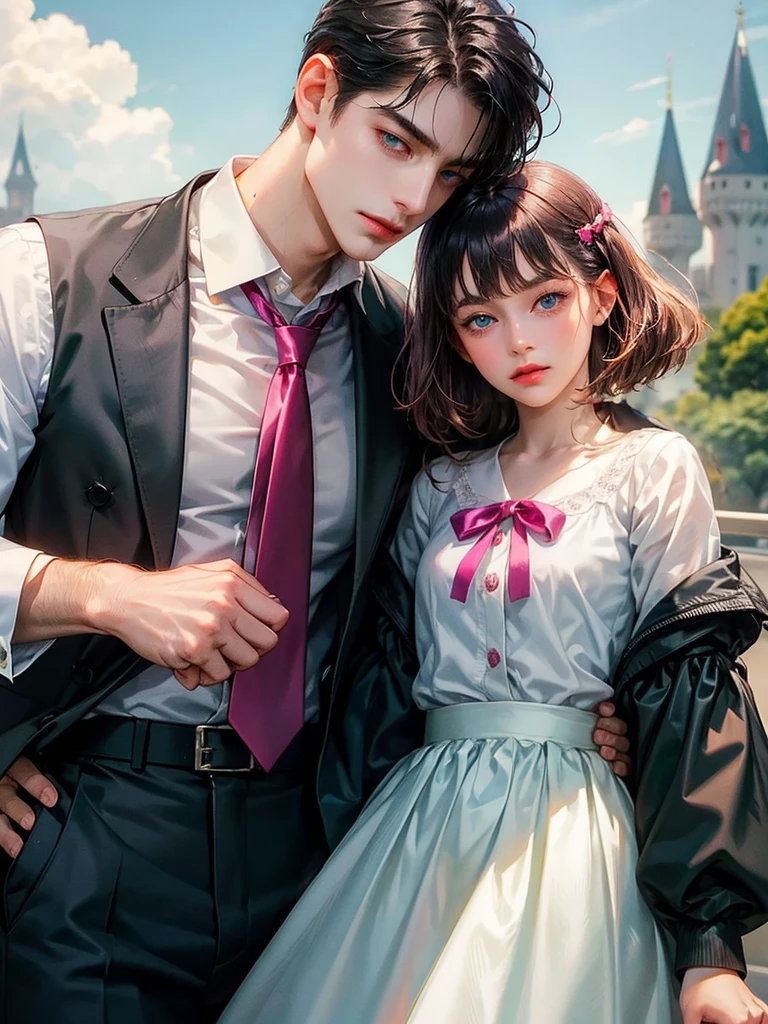 The girl wears a white shirt with a fuchsia ribbon, a short fuchsia skirt. The boy hugs her.