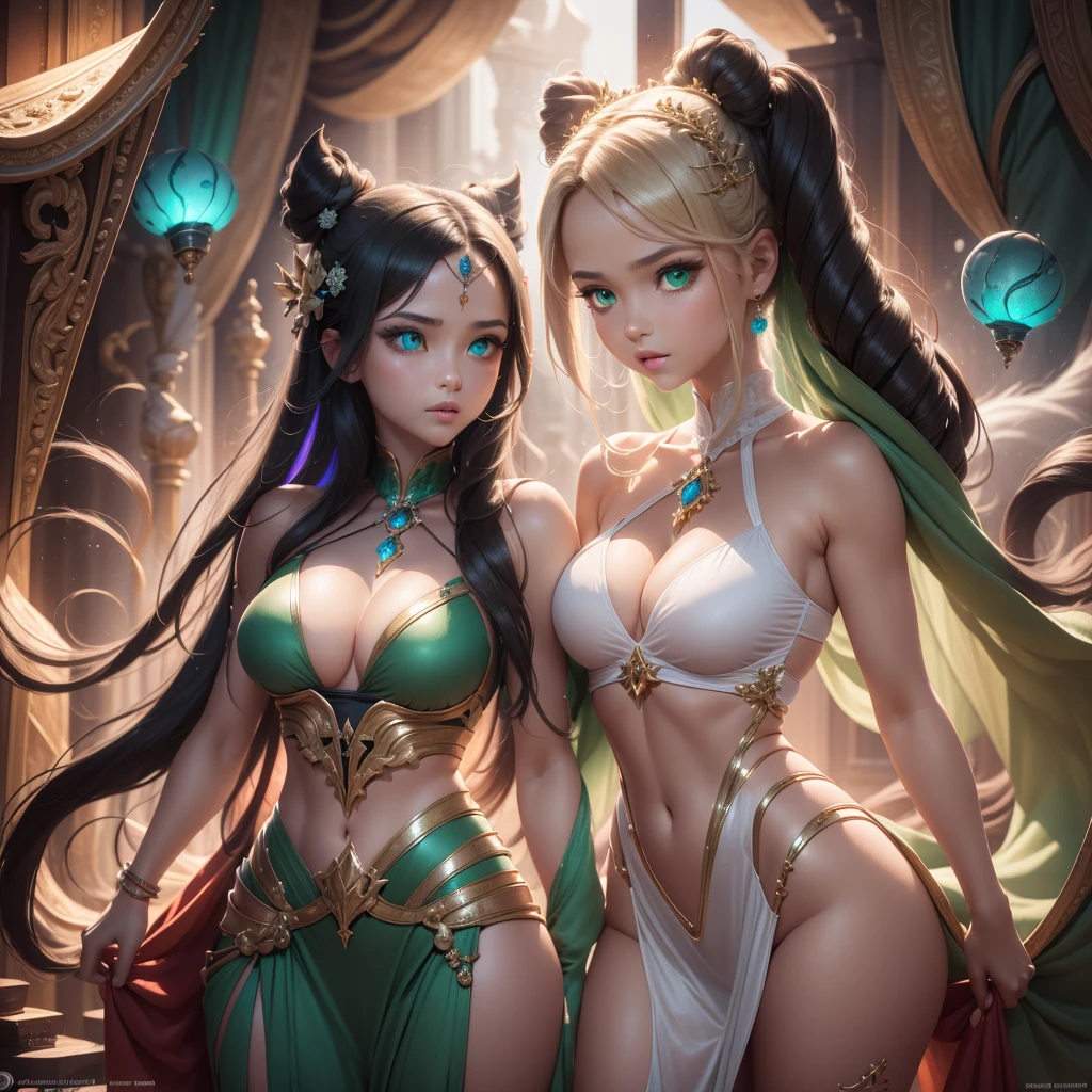 Flower Princess, 22 year old, Rapunzel, Beautiful, Glowing yellow glow, Long blonde hair, Green eyes, Lilac dress, Green ivy, Nice face, Soft tan skin,Art germ, Ultra-detailed and sophisticated Gothic art trends in Artstation's ternary colors, Fantastical, intricately details, Splash screen, Complementary colors, fantasy concept art,