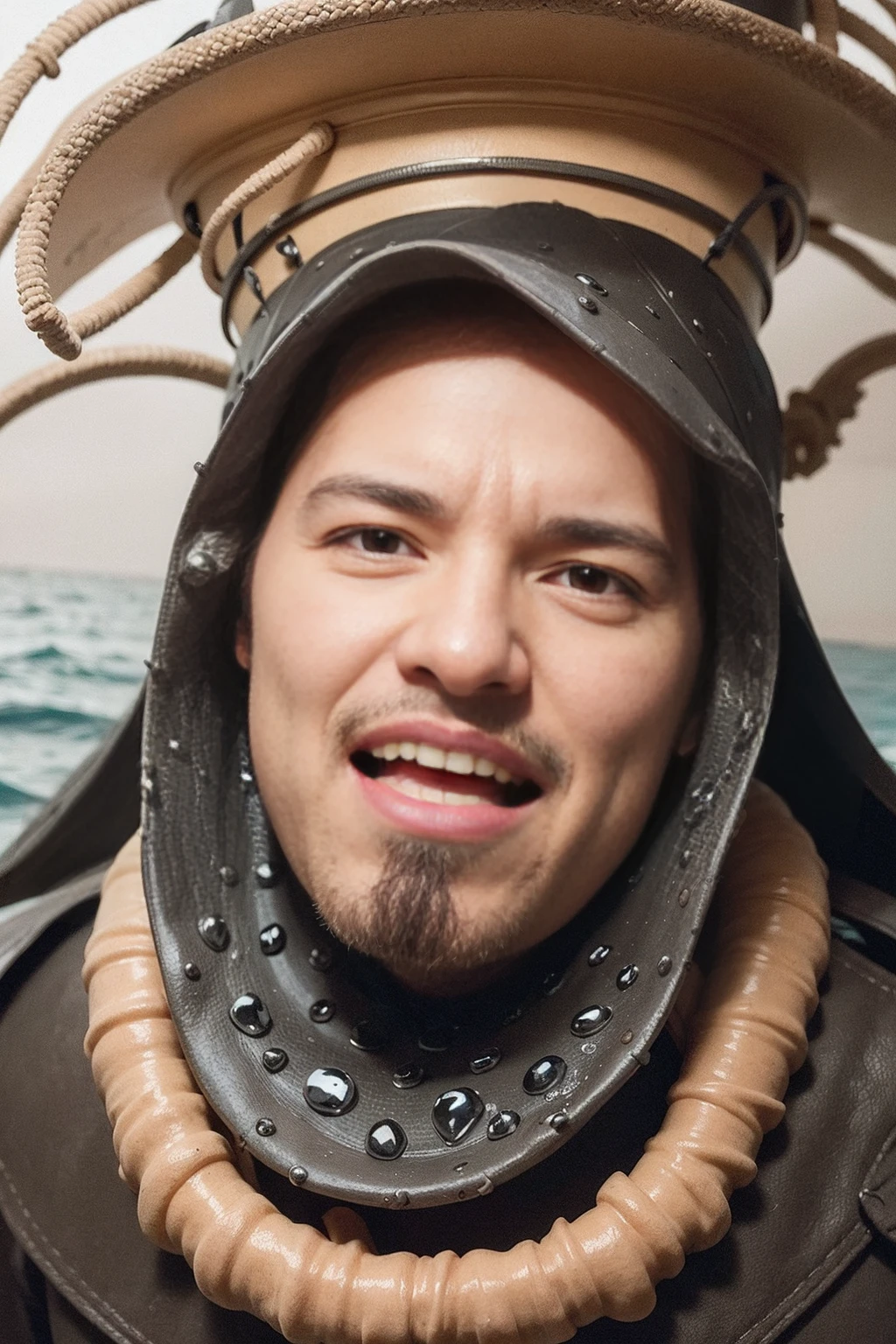 (extremely detailed, Masterpiece, The best quality, Under the Ocean), Dark style, volumetric illumination. medieval armor, face with wrinkles, long tongue, tentacle, deformed, underwater image seen from the outside, menacing octopus beak. ink stains. Rococo composition. Light of Caravaggio
