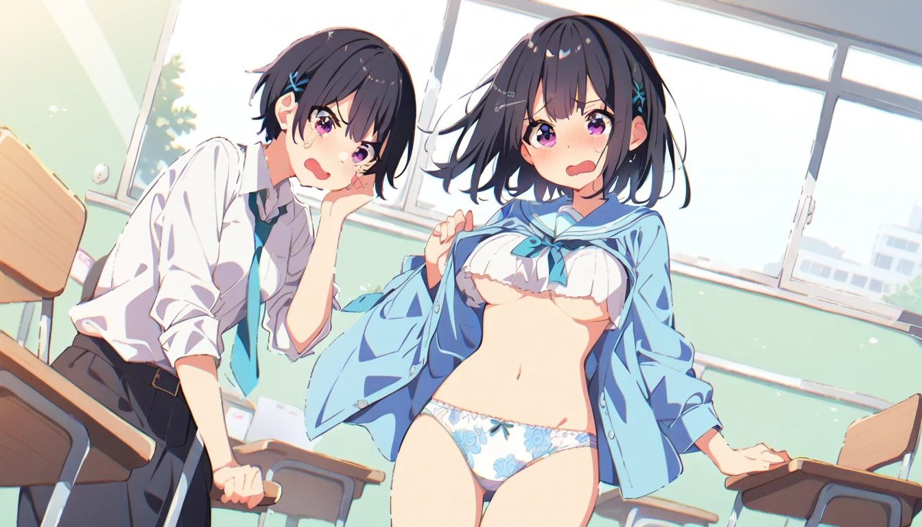 One girl with black bob hair、Boobs fully exposed、Floral print panties、Standing posture、classroom、Shyness、Crying face、resistance