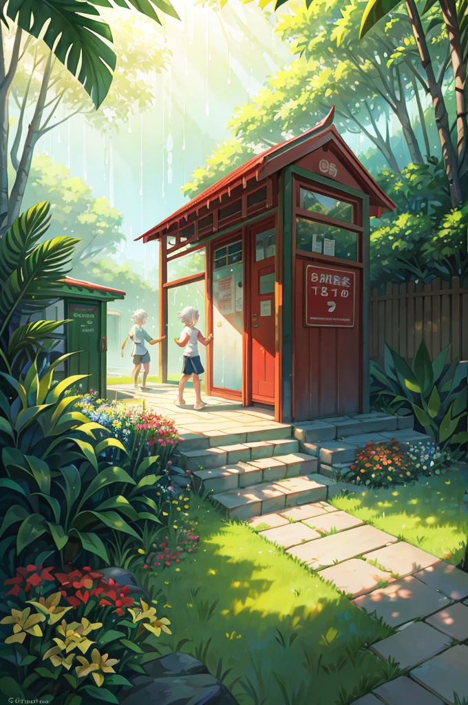 White Wolf Boy，youth，shorts，Short sleeve，Waiting，Red bus stop sign，Stone steps，Grass，spring，Lush green jungle，In the shade，Umbrella，rain，Flowers，Grass，Banana tree，mist，Soft Light，early morning