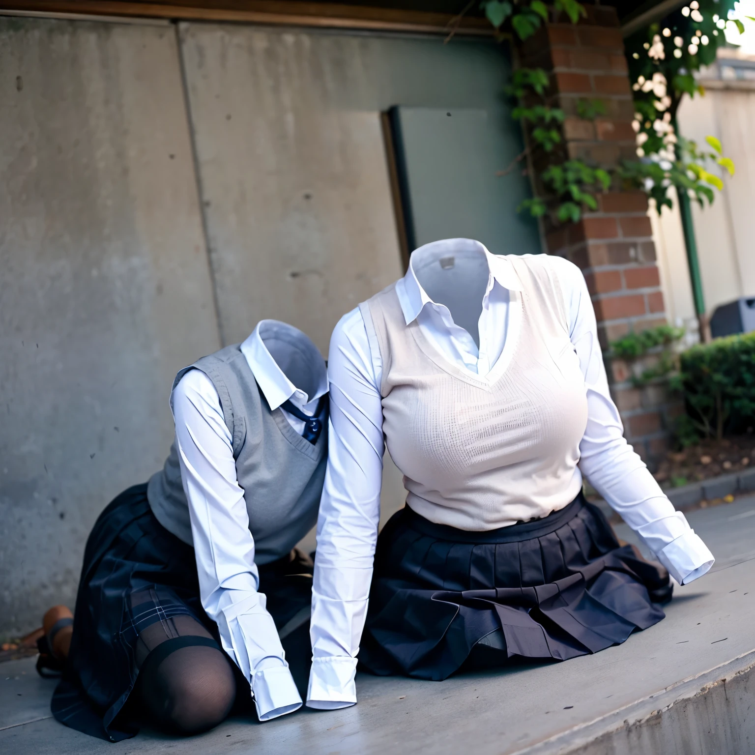 2 girls love each other,kibito high school blouse, school blouse, sweater vest, plaid skirt, leaning forward, fat, cute big breasts, (invisible, no human, headless, handless:1.5)