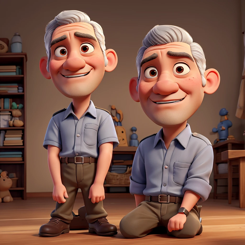Create a 3D animation of a cartoon caricature with a big head. . A man named "Benjamin Netanyahu" Caucasian aged 60 years. His hair is very thin, gray, and sitting position, legs straight on the floor made of wood. Shoulders leaning on a high pole in a room. The position is tied, Rope wrapped around the body and tied to the pole. His face is oval with fine facial wrinkles, thick and neat gray eyebrows, normal eyes, straight aquiline nose, and lips open wide. Sad and scared facial expressions, on the floor there are many rats close together as if they want to bite the man, He is wearing a prisoner's uniform and orange prison pants. Gradient brown background with a little professional lighting. Masterpiece, best quality, very detailed skin and face, very realistic, high definition, studio lighting, sharp focus, 2/3 body angle, Concept Art, 3D rendering.
