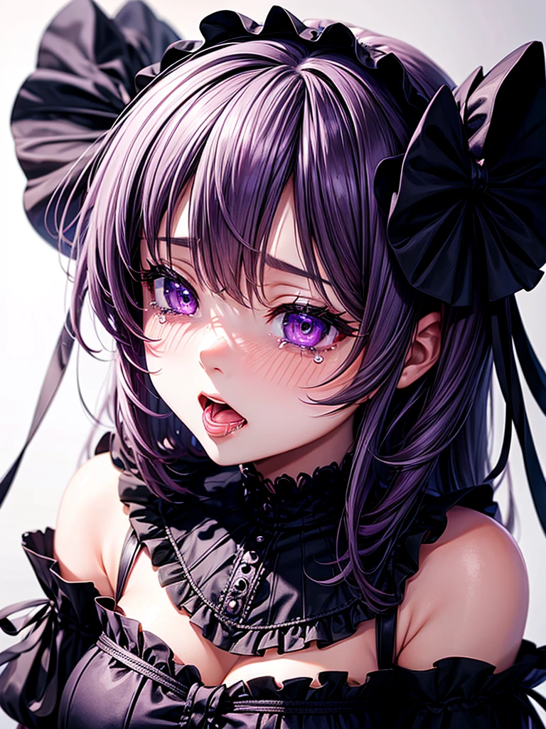 Highest quality,Highest Resolution,Sexy black gothic ta opens her mouth and drools while shedding tears,Bedroom,Big purple eyes,