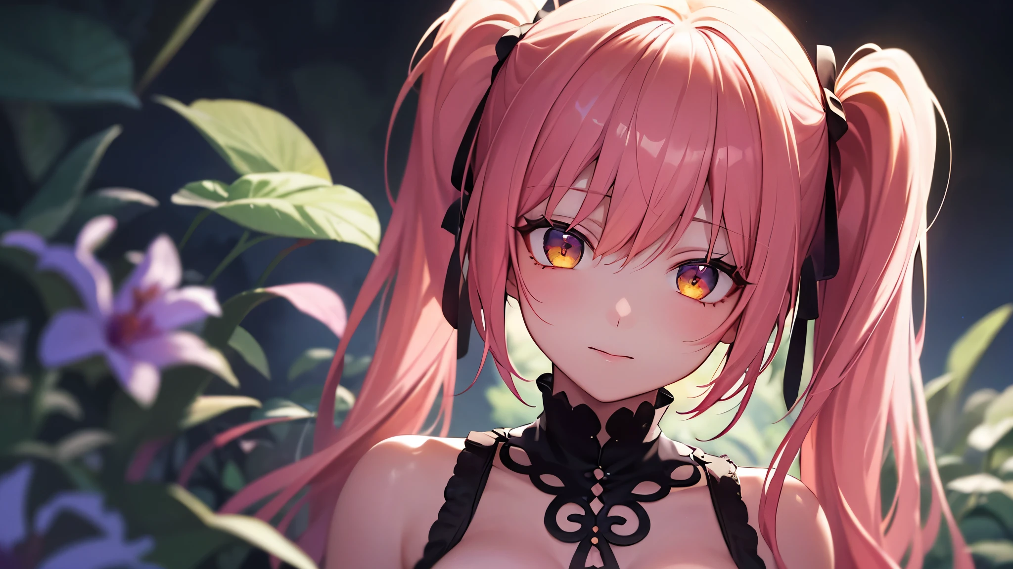 Highest quality, 8K, 4K, High resolution, High Contrast, The upper body is visible,1girl,only,Pink Hair,Twin tails,(Beautifully detailed face),Yellow, clear eyes,Upper Eye,She has big breasts,20generation,one piece,flower