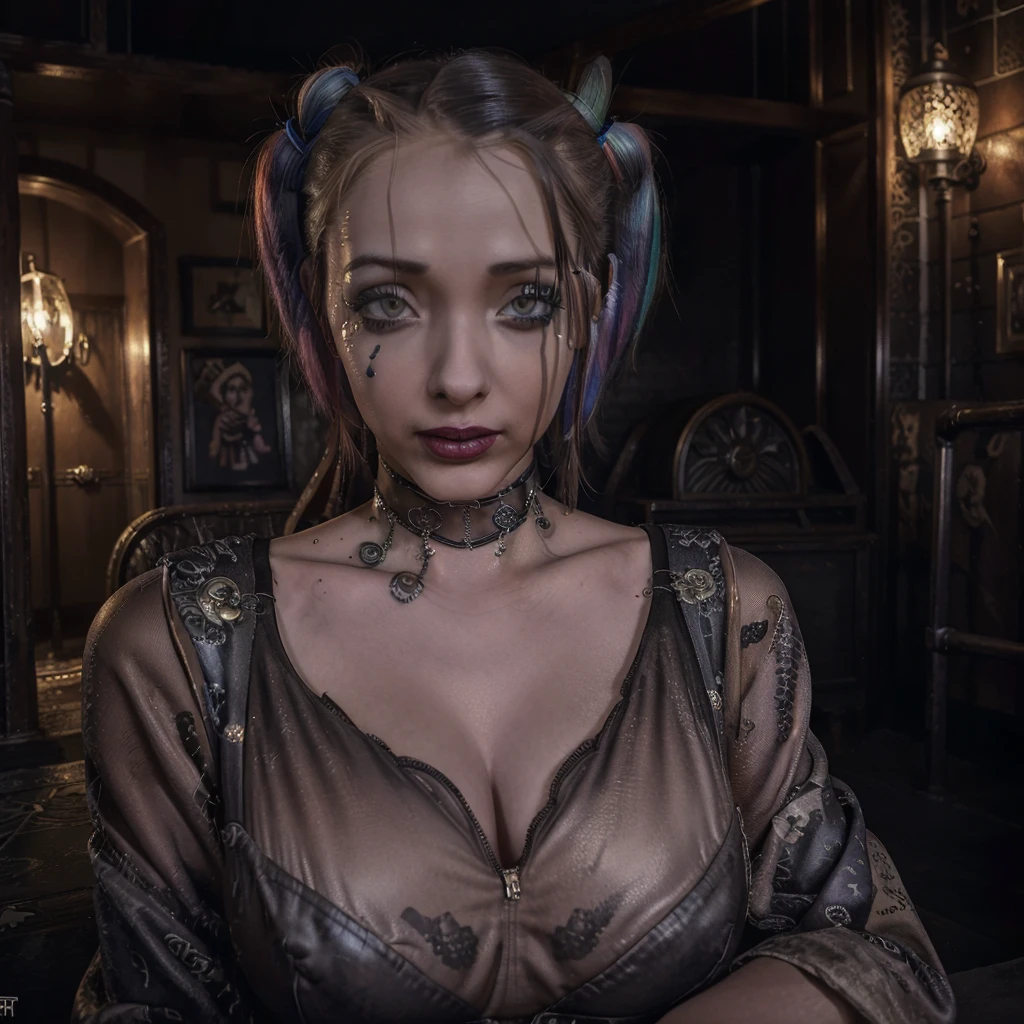 realistic, photorealistic, hyper-detailed, 1girl, Harley Quinn, beautiful detailed eyes, beautiful detailed lips, extremely detailed face, long eyelashes, crazy makeup, sexy small outfit, guns, pet hyenas, posing crazy and sexy, Joker themed throne, Fun House of Death, fantasy, dark, dramatic lighting, moody atmosphere, vivid colors, cinematic composition, intricate details, highly polished, digital art
