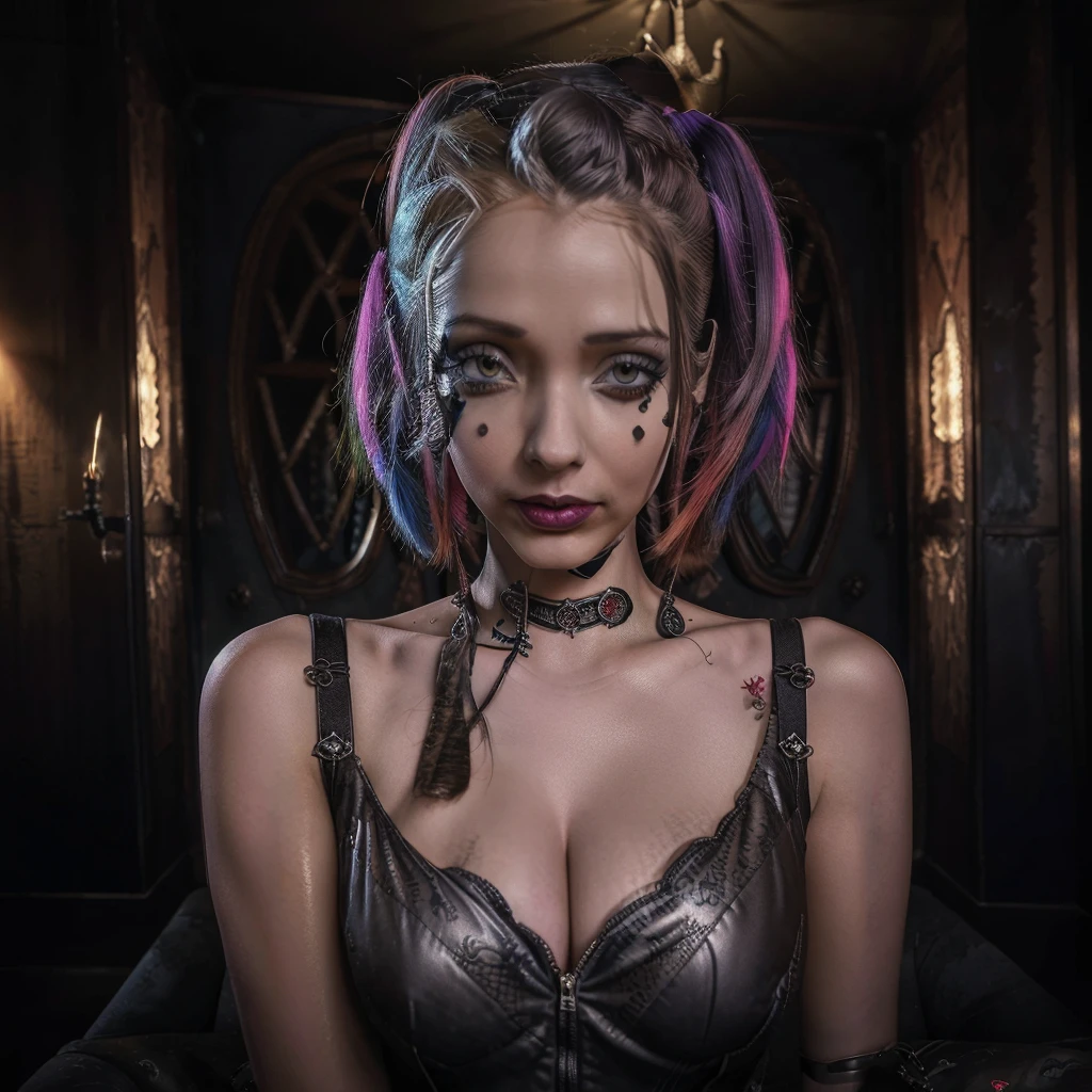 realistic, photorealistic, hyper-detailed, 1girl, Harley Quinn, beautiful detailed eyes, beautiful detailed lips, extremely detailed face, long eyelashes, crazy makeup, sexy small outfit, guns, pet hyenas, posing crazy and sexy, Joker themed throne, Fun House of Death, fantasy, dark, dramatic lighting, moody atmosphere, vivid colors, cinematic composition, intricate details, highly polished, digital art