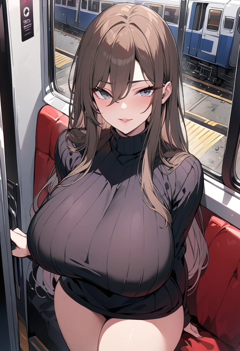 Adult female, busty, voluptuous figure, milf, seductive, train, staring, sultry grin, far away, turtleneck sweater, highly detailed, well-defined eyes, long brown hair, beauty spot on bottom lip, high quality, 8k quality, perfect grey eyes, in-depth environment