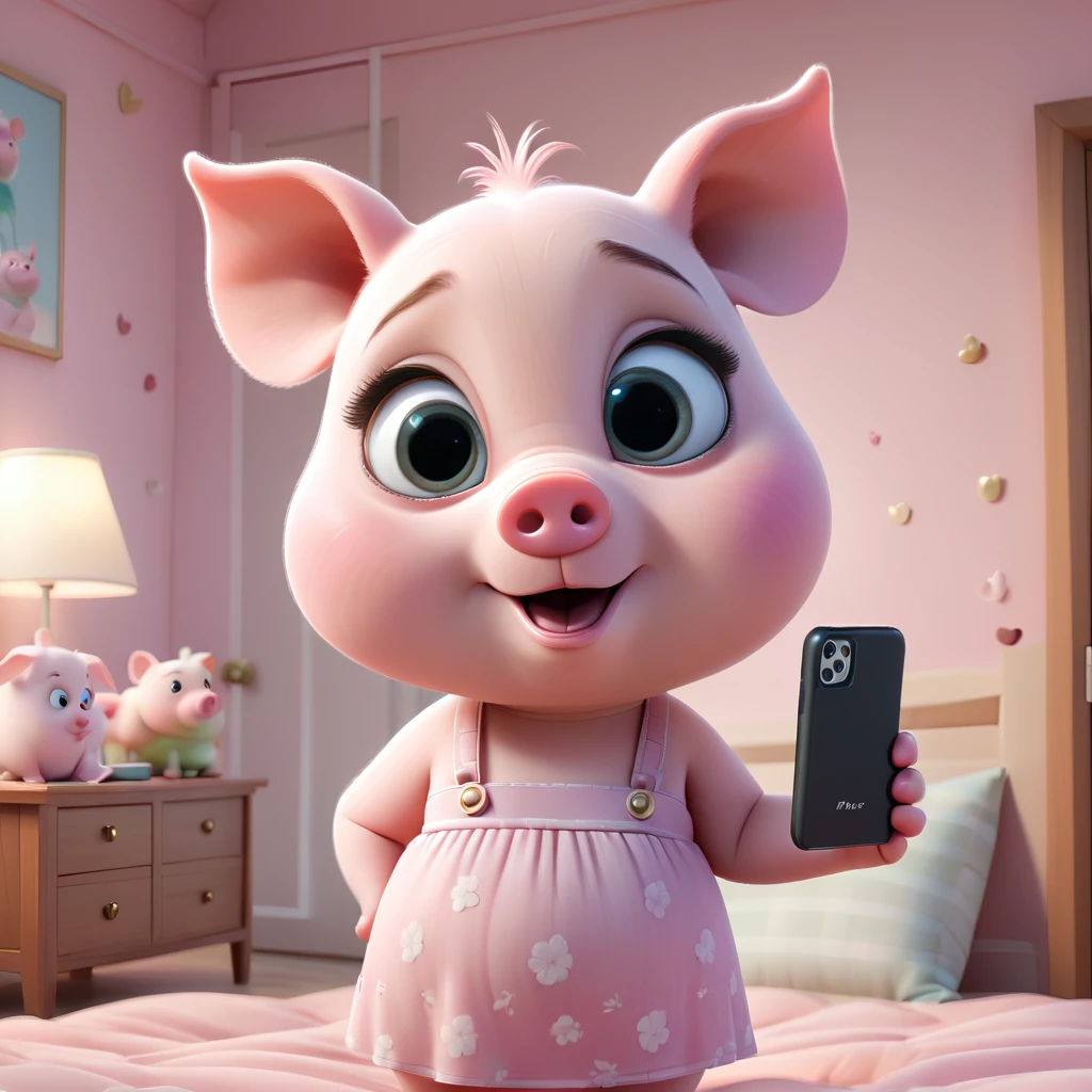 3D rendered illustration, A cute, non-human, short, chubby piglet character taking a selfie in a room with a slightly nervous look on his face, holding his smartphone in one hand and looking at the screen. Big round eyes, Soft pastel pink skin, Small ears. Wearing a stylish mini dress. Modern Bedroom Background. cute aesthetics, Pixar Style, charming and adorable. Smooth texture, Soft lighting.There is only one person in the room