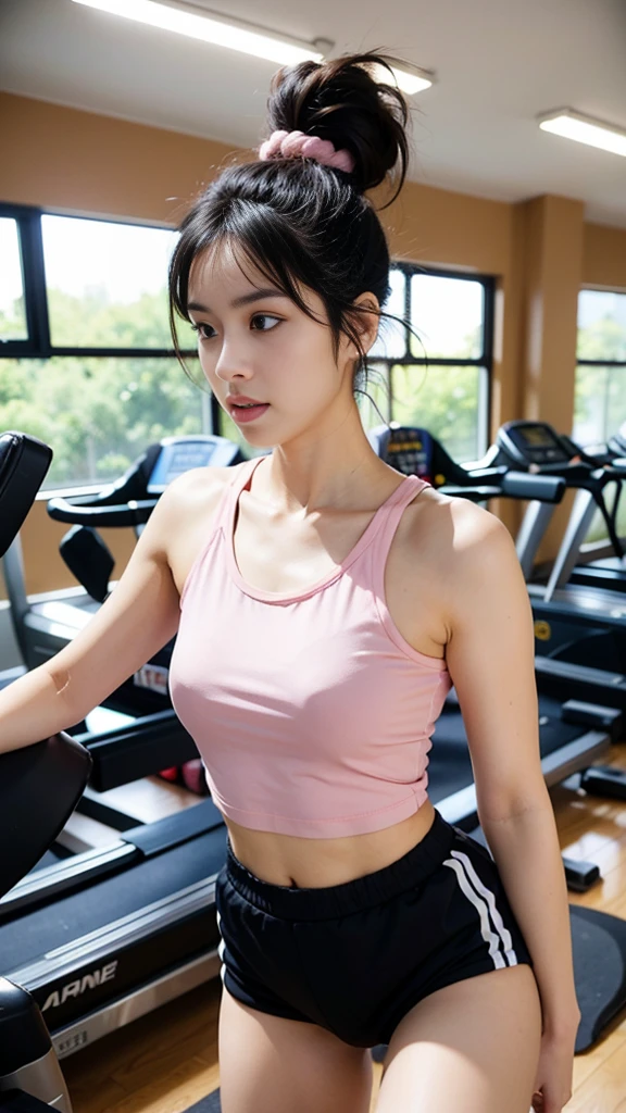 a hot woman, natural makeup, messy bun hair, (long legs, perfect body, braless, armpit), (wearing pink sportwear shirt), (black short shorts), sneakers, daylight at gym center, gym machines background, dynamic light, depth of field, dynamic angle, candid, full body, front view