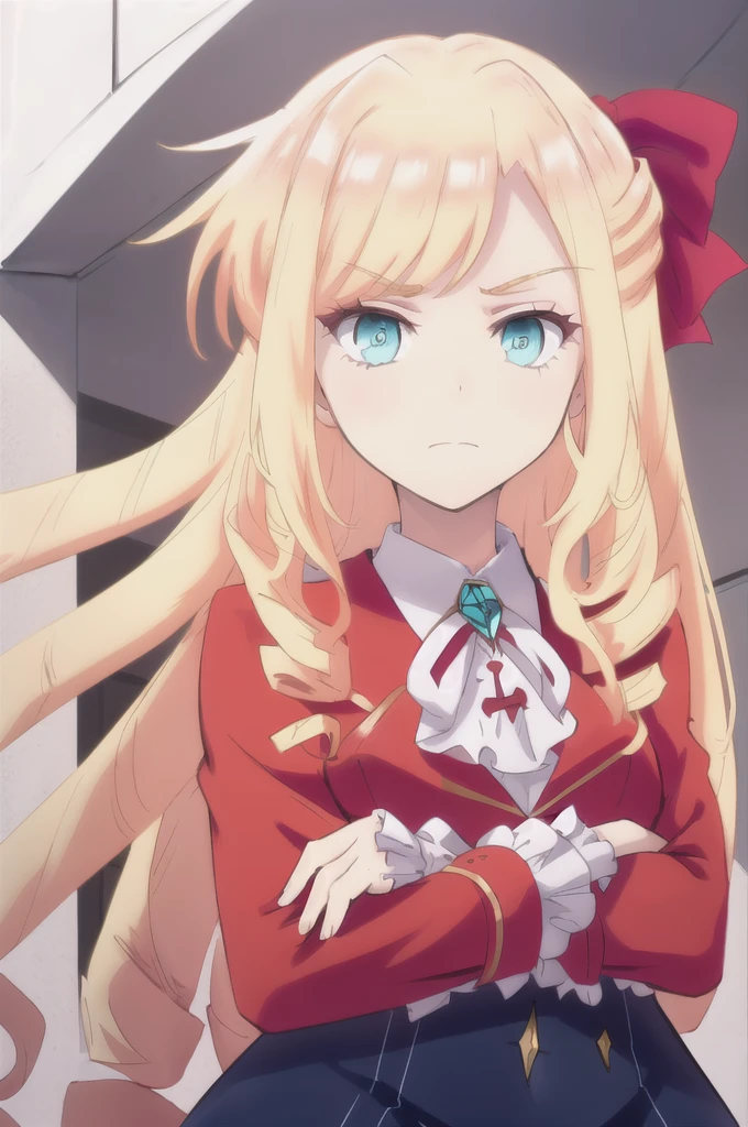ClaireFran,1girl,blue eyes,blonde hair,drill hair,hair bow,standing,arms_crossed,((from_below)),(looking_at_viewer:1.5),nice hands,(shaded_face:1.5),scowl,